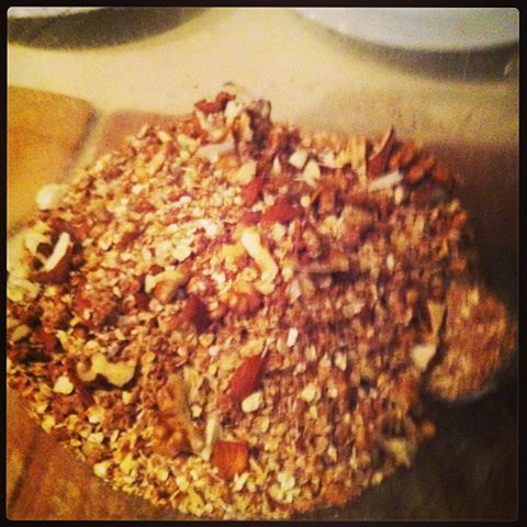 granola mixed with a variety of nuts: pecans, hazelnuts, walnuts and almonds