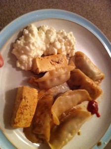 fried tofu, veggie potstickers and cottage cheese 